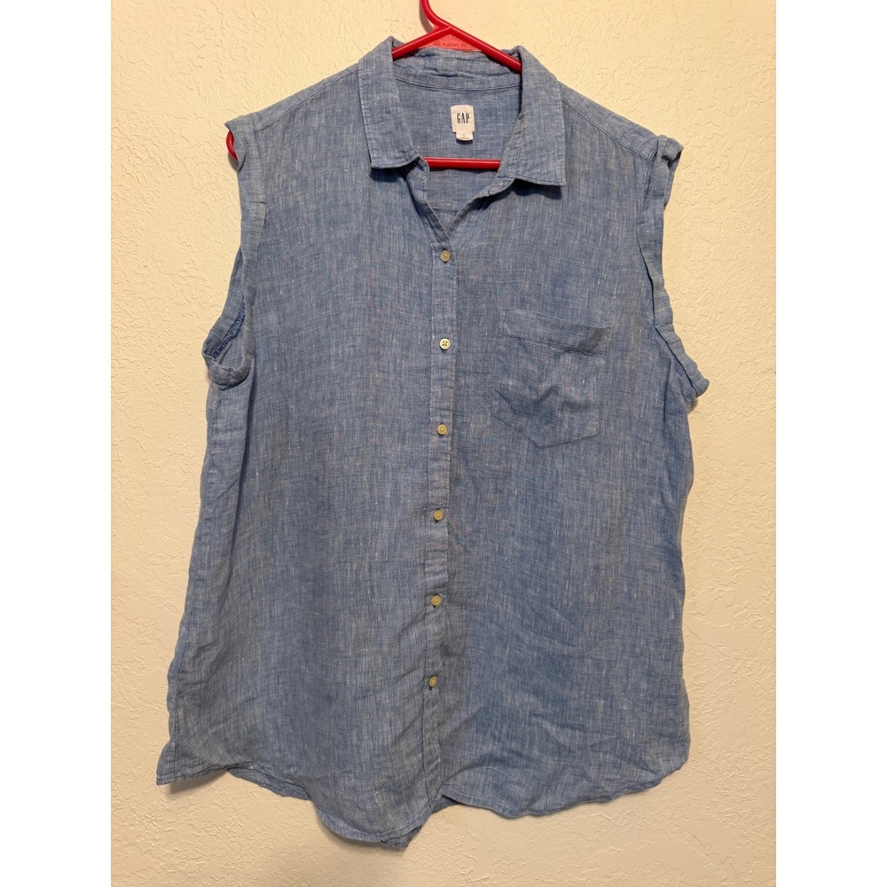 GAP Women Light Blue 100% Linen Sleeveless Button Down Shirt Large 419253-03